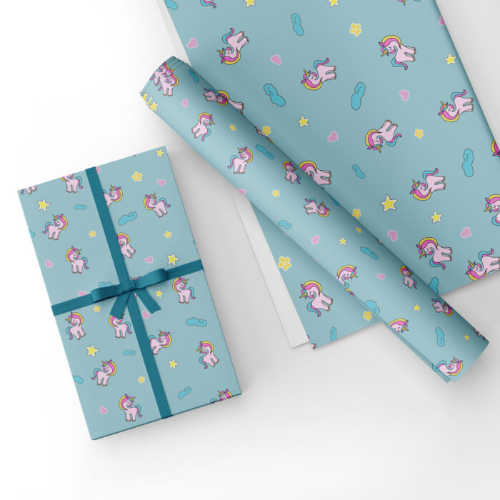 Unicorns Gift Wrap Blue