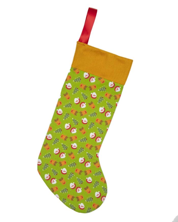 Santa & Reindeers Christmas Stocking. Green_Gold-CST012
