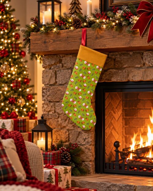 Santa & Reindeers Christmas Stocking. Green_Gold-CST012