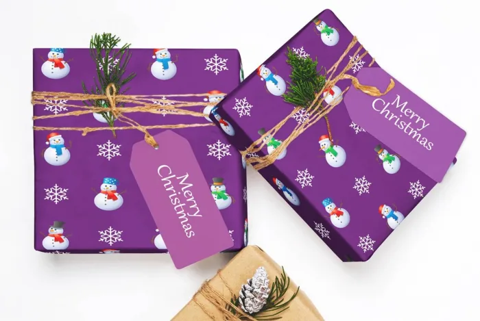 Christmas Gift Wrap Snowmen Purple