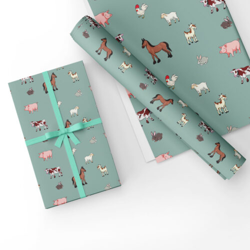 Farm Animals Gift Wrap Green