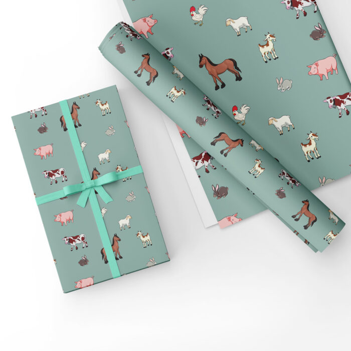 Farm Animals Gift Wrap Green