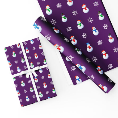 Snowmen Gift Wrap & Tag-Purple