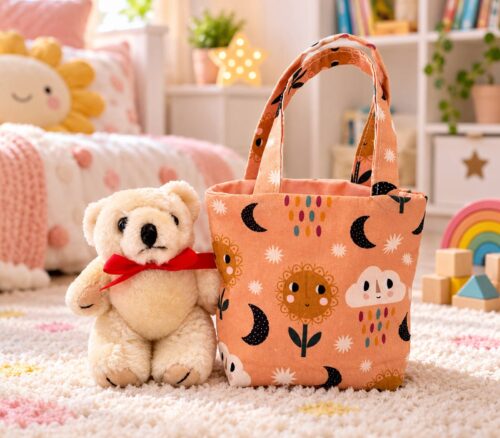 Teddy in a Bag – Orange Moon & Flower Design